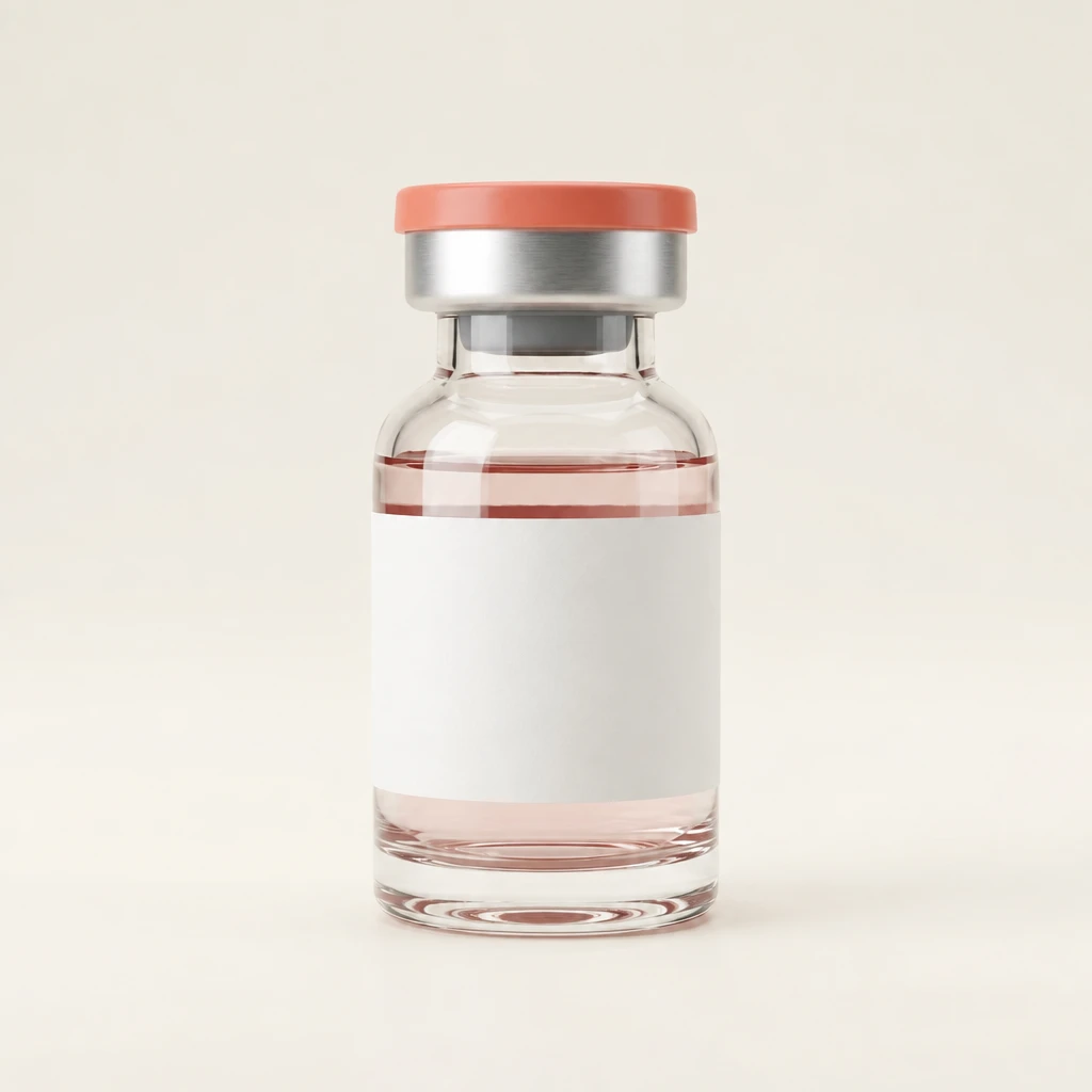 Unlabelled vial on a cream background
