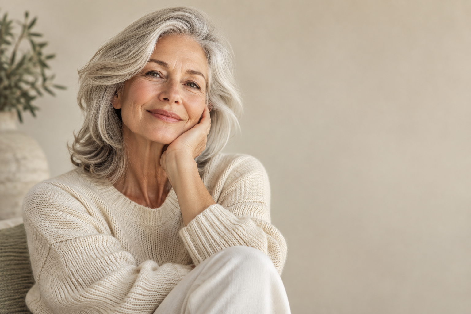 A woman with silver hair relaxing at home